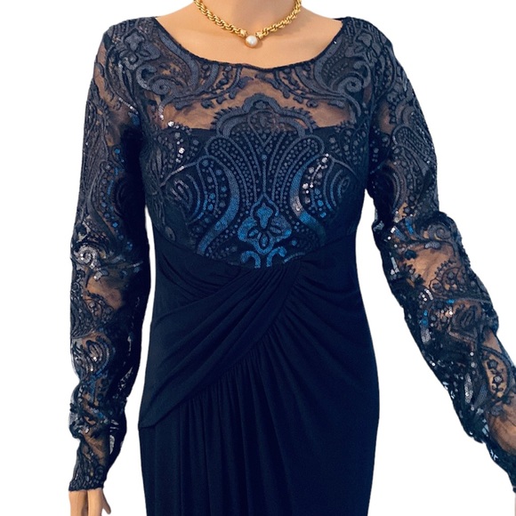 Formal long navy sequins, draped fitted gown - Picture 1 of 12